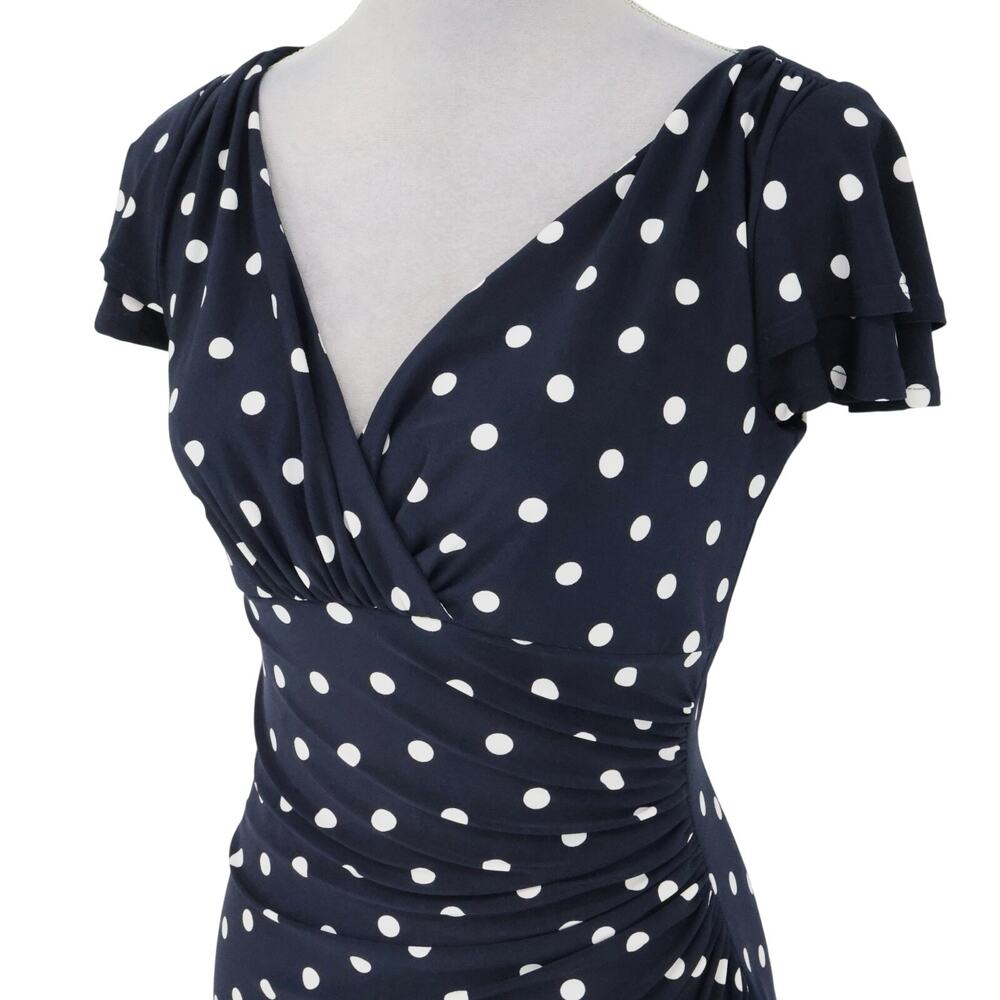 LRL Ralph Lauren Dress Womens 4 Navy Blue White Polka Dot Stretch Knit Faux Wrap - Picture 8 of 15